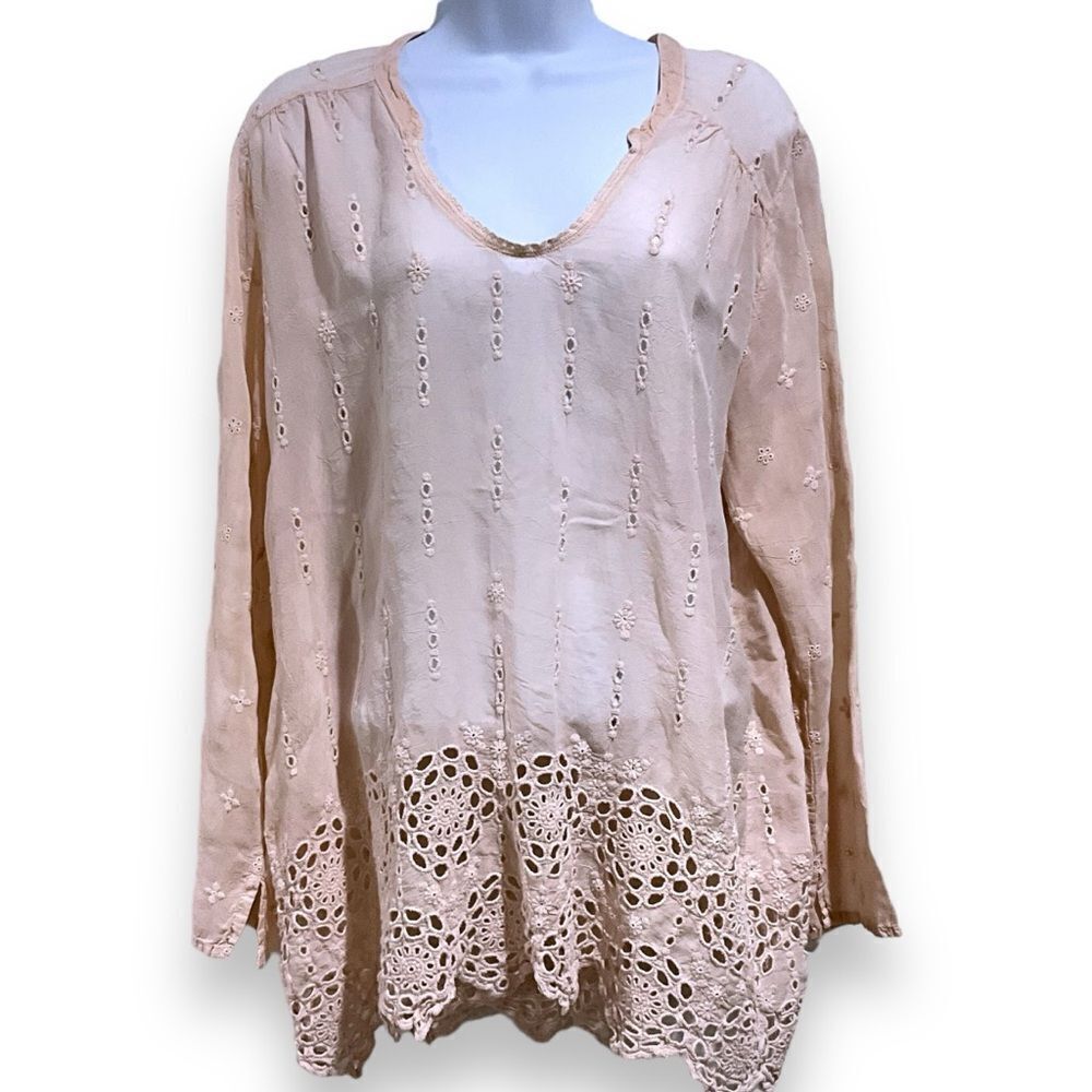JOHNNY WAS Tunic Top Embroidered Eyelet Details Peach Size L/XL